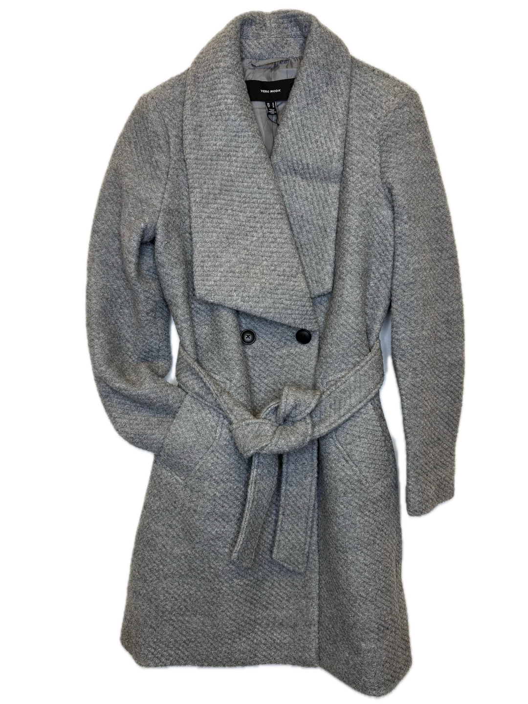 Light Grey Textured Belted Wrap Coat