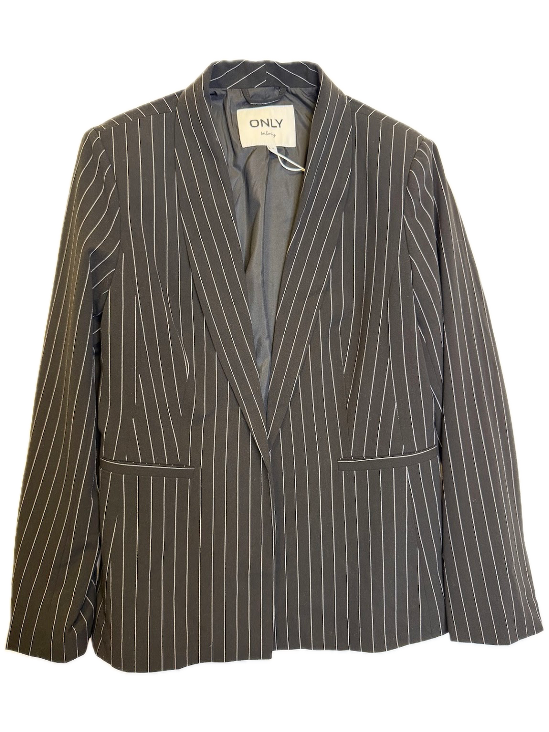 Black Pinstripe Open-Front Blazer