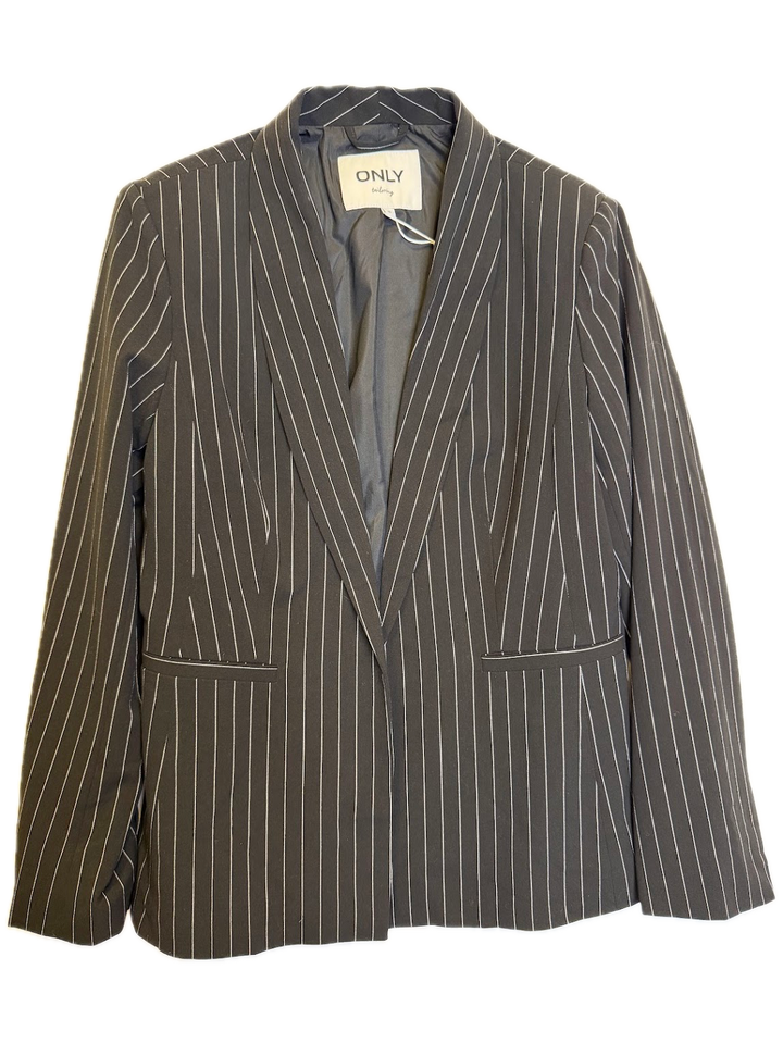 Black Pinstripe Open-Front Blazer