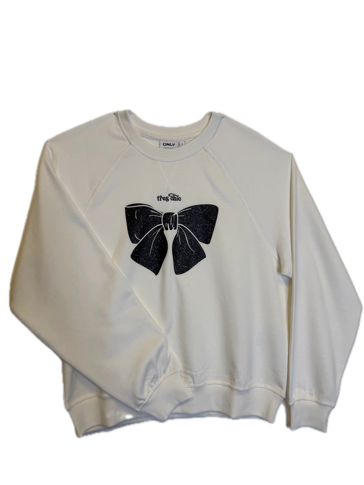 White "Très Chic" Glitter Bow Sweatshirt
