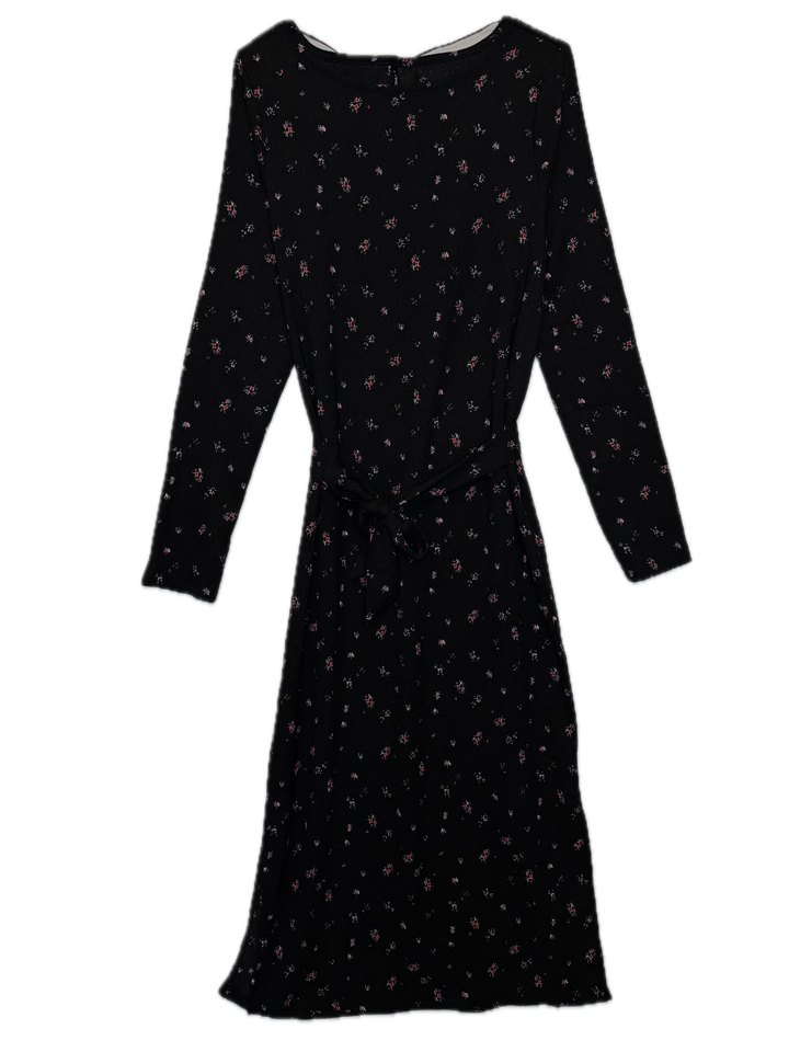 Black Floral Belted Midi Dress