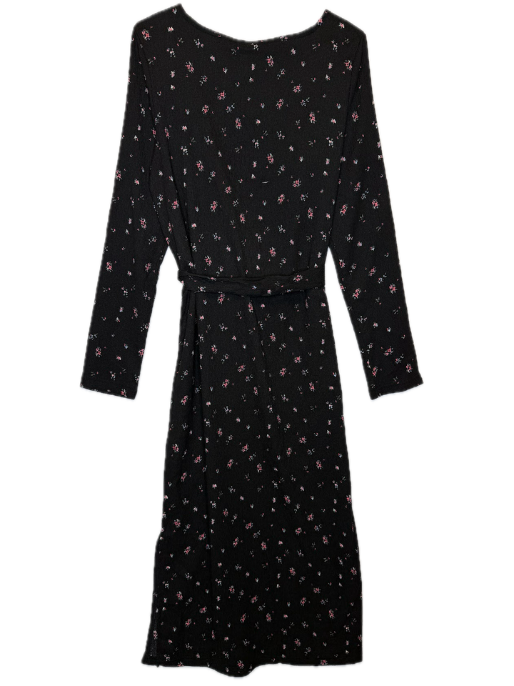Black Floral Belted Midi Dress