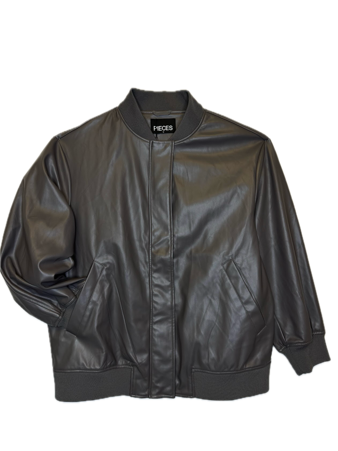 Grey Faux Leather Bomber Jacket