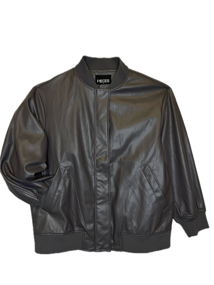 Grey Faux Leather Bomber Jacket