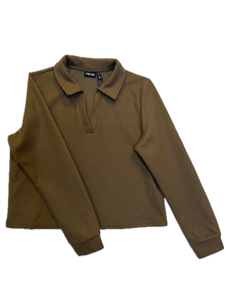 Olive Green Collared V-Neck Top