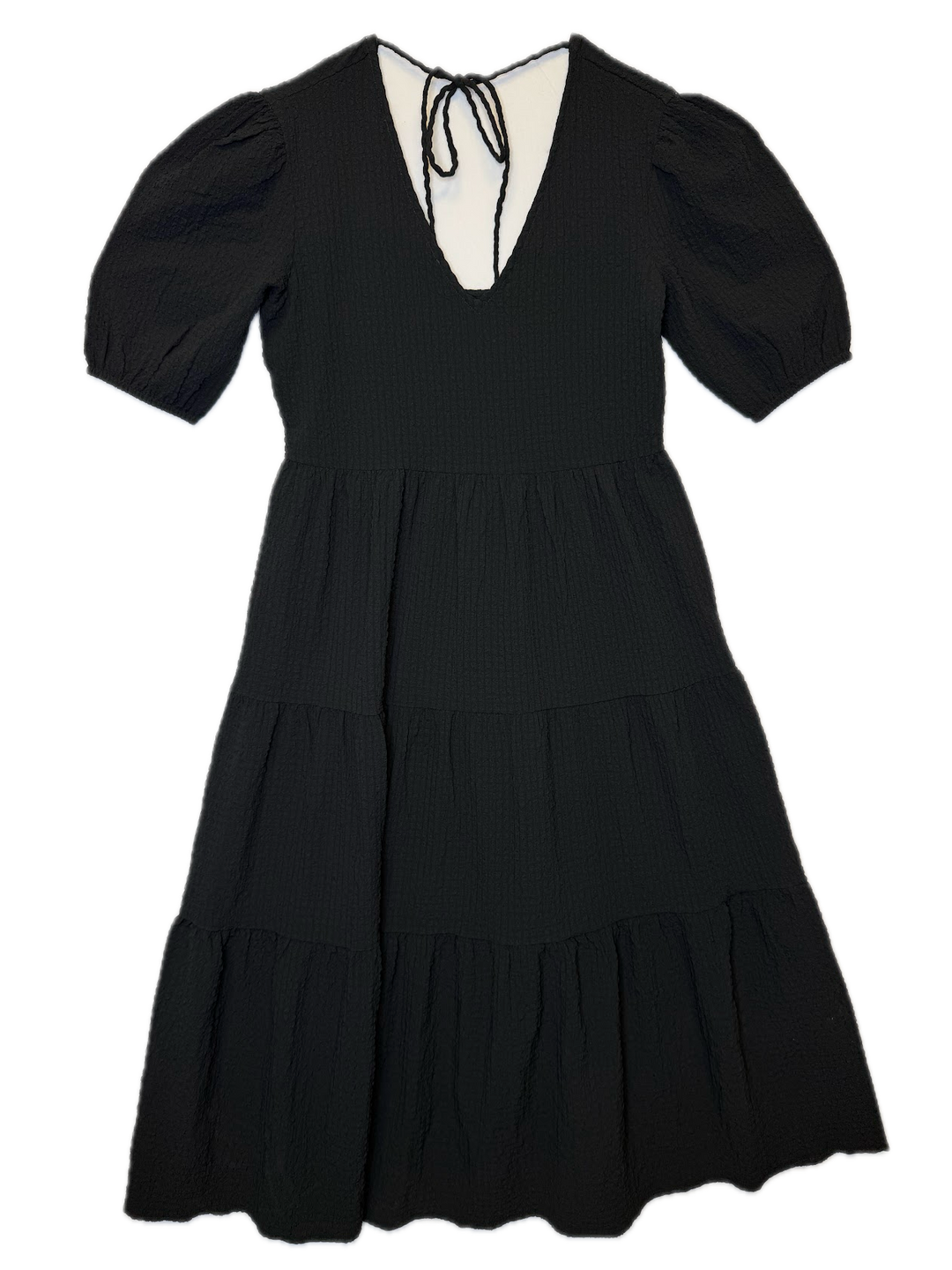 Black Textured Open-Back Tiered Dress