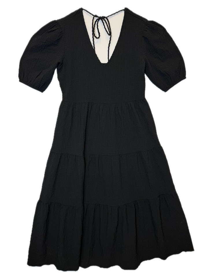 Black Textured Open-Back Tiered Dress