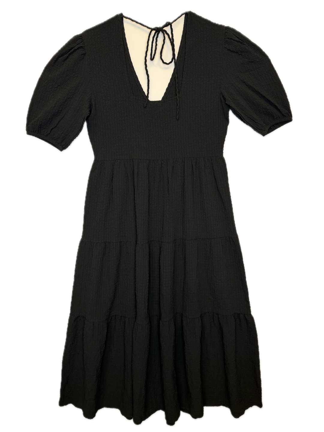 Black Textured Open-Back Tiered Dress