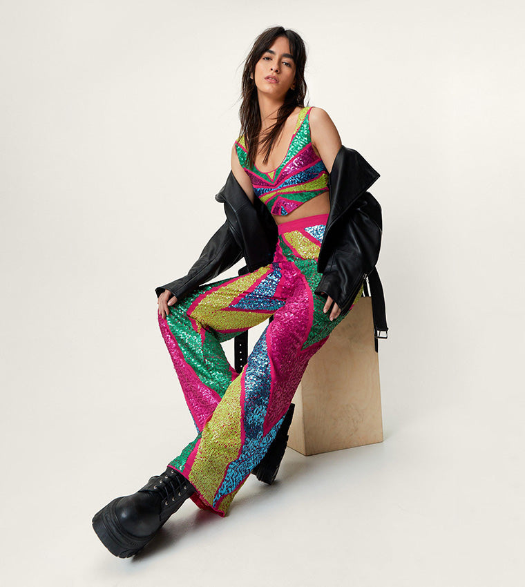 Sequin Colorblock Wide Leg Pants