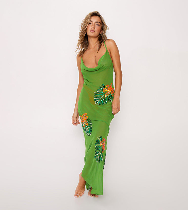 Tropical Palm Embellished Cowl Maxi Cover Up Dress