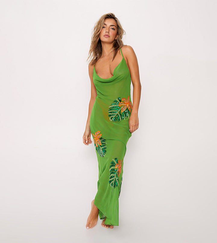 Tropical Palm Embellished Cowl Maxi Cover Up Dress
