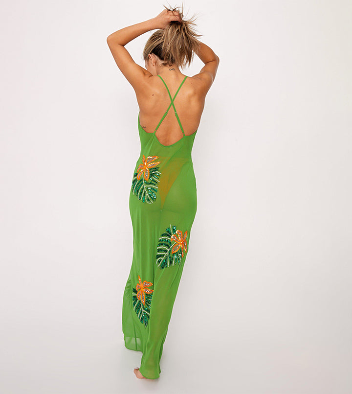 Tropical Palm Embellished Cowl Maxi Cover Up Dress