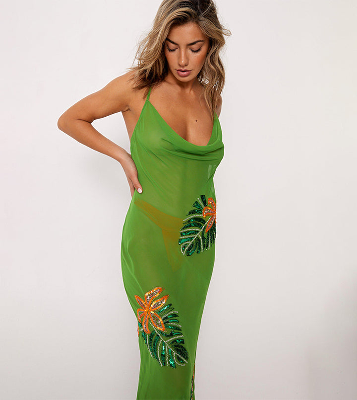 Tropical Palm Embellished Cowl Maxi Cover Up Dress
