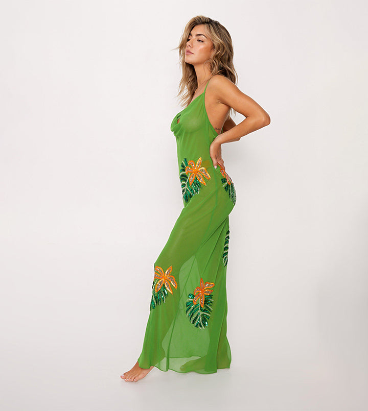 Tropical Palm Embellished Cowl Maxi Cover Up Dress