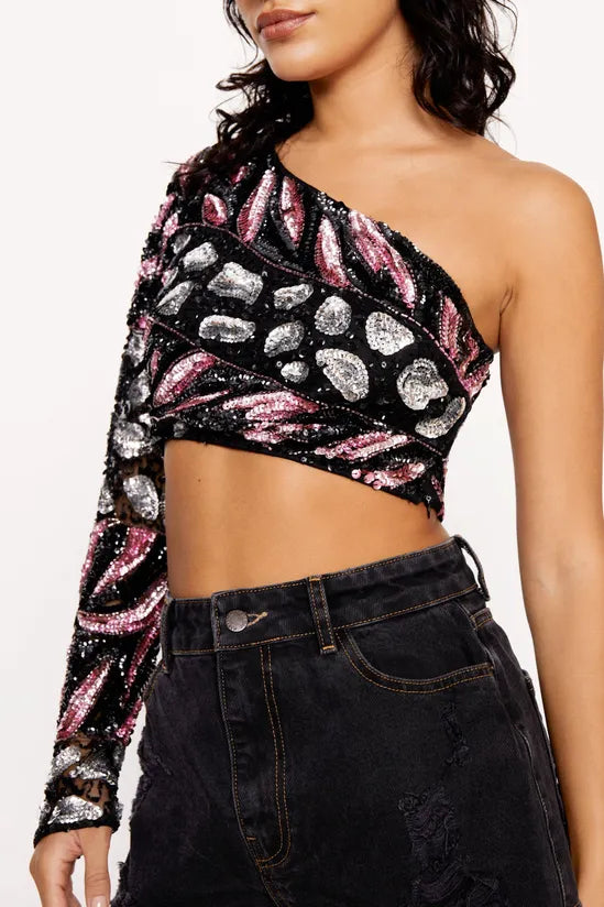 Hand Embellished Splice Animal One Shoulder Top