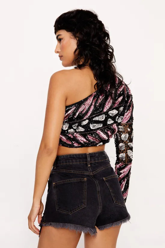 Hand Embellished Splice Animal One Shoulder Top