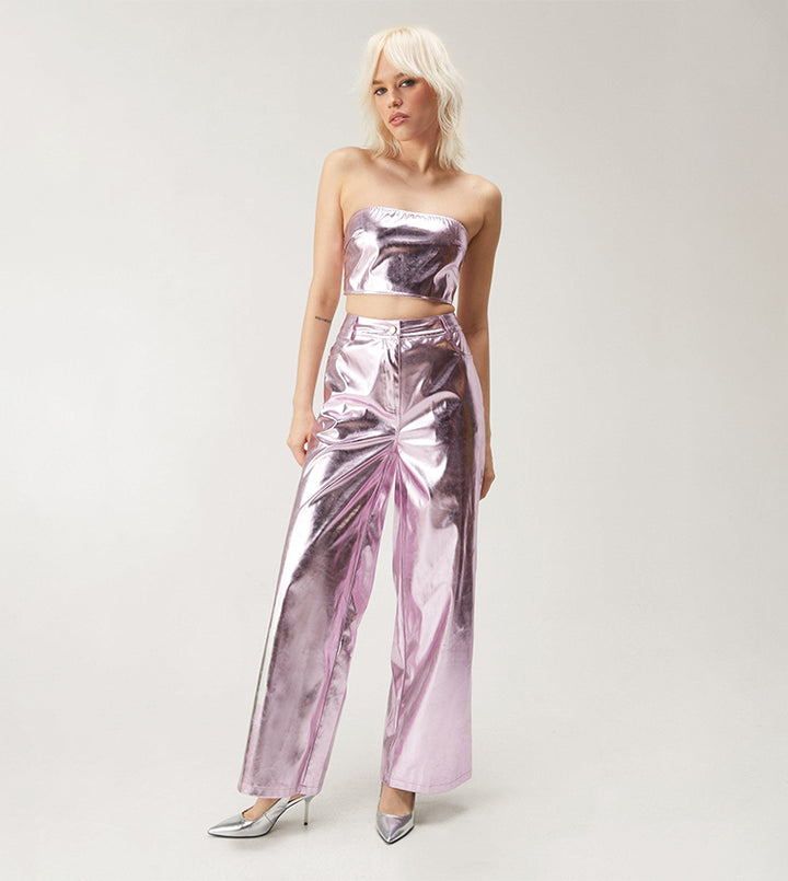 Metallic Faux Leather Wide Leg Pants