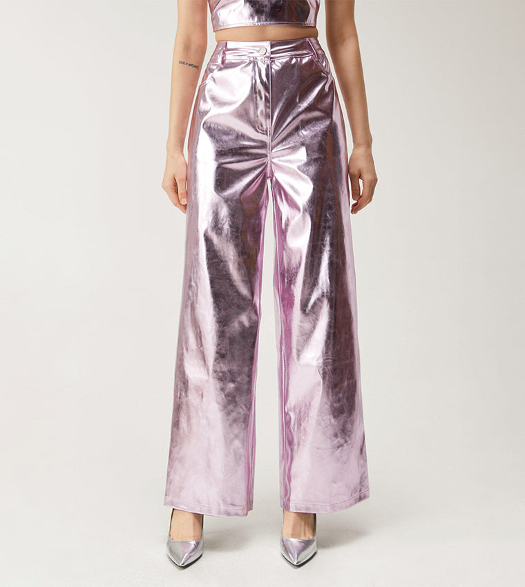 Metallic Faux Leather Wide Leg Pants