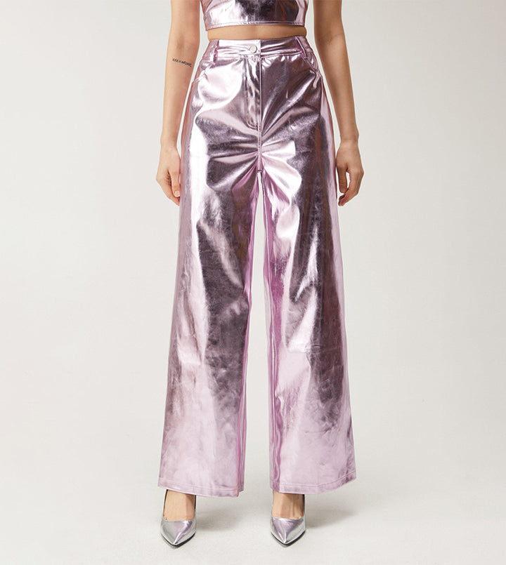 Metallic Faux Leather Wide Leg Pants