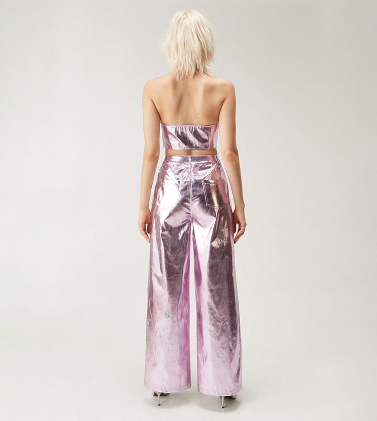 Metallic Faux Leather Wide Leg Pants