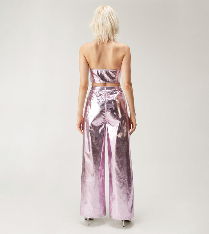 Metallic Faux Leather Wide Leg Pants