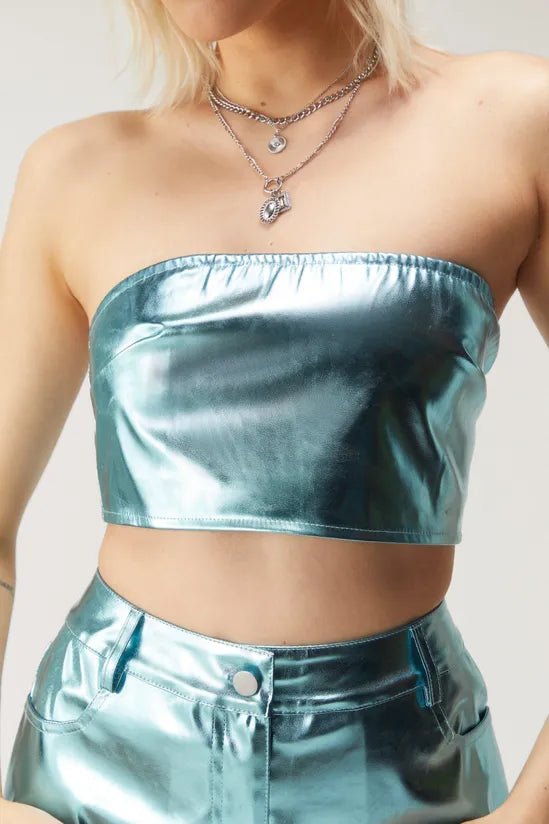 Metallic Faux Leather Bandeau Top