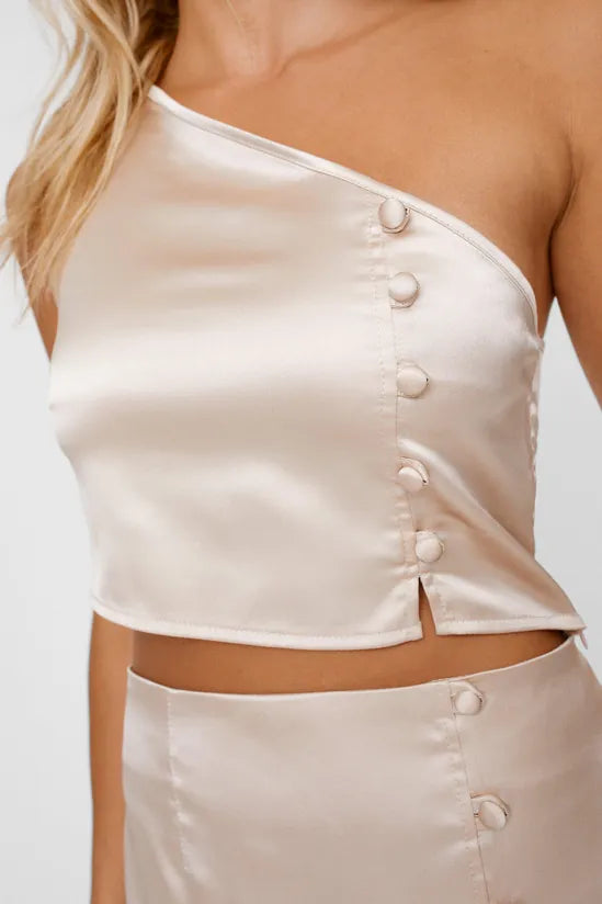 Satin Button Detail One Shoulder Crop Top