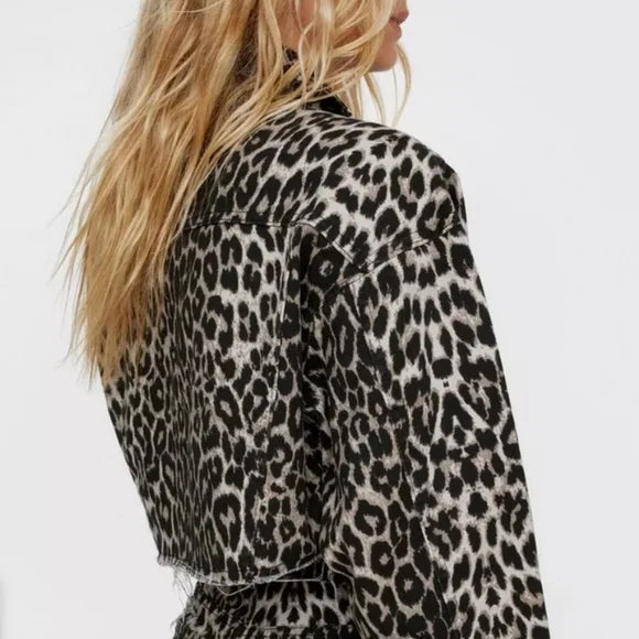 Animal Printed Cropped Denim Jacket