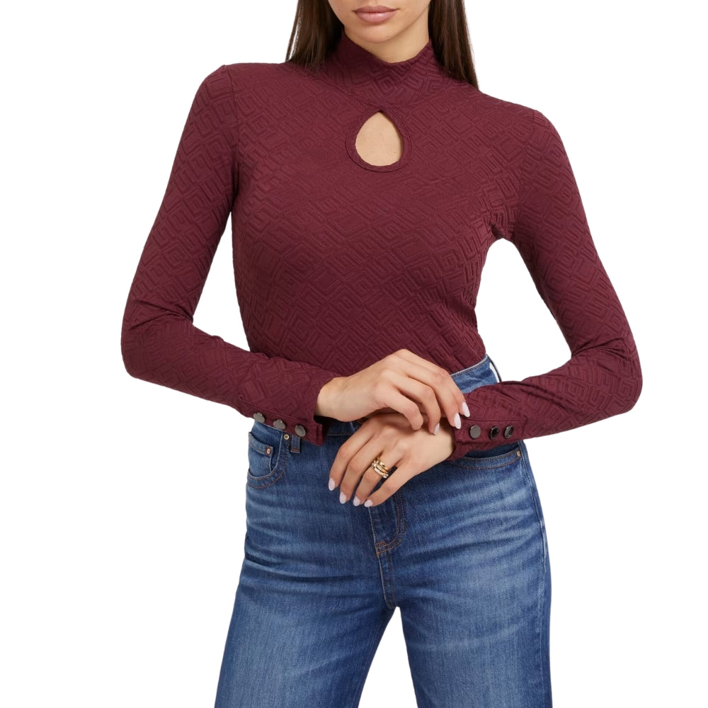 Burgundijas krāsas adīts tops ar logotipu