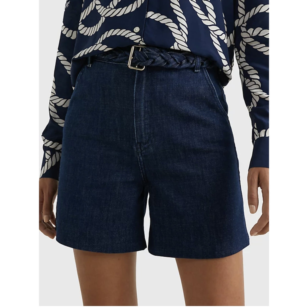Tommy Hilfiger High-Rise Flared Denim Shorts with Braided Belt