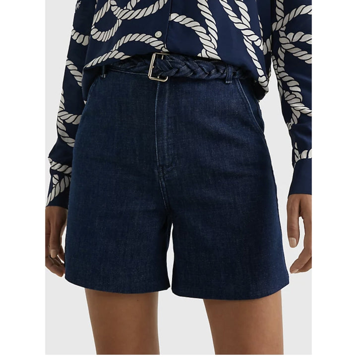 Tommy Hilfiger High-Rise Flared Denim Shorts with Braided Belt